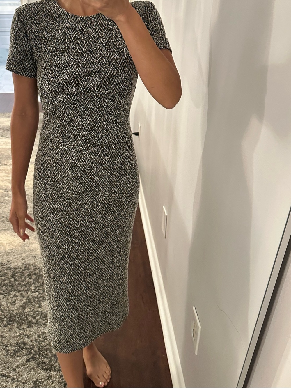 MaxMara Black and White Herringbone Midi Dress